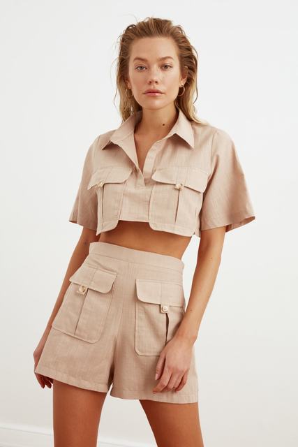 Pocket Detailed Crop Top- Bottom Suit